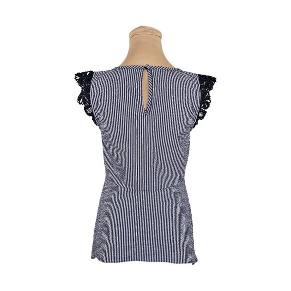 Cabi Navy Blue and White Striped Blouse With Frilly Lace Shoulders Sz XS - Picture 4 of 8